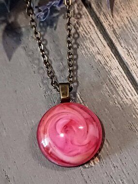 Handmade Marbled Sunset Pink Resin Pendant Necklace - Boho Artisan Jewelry